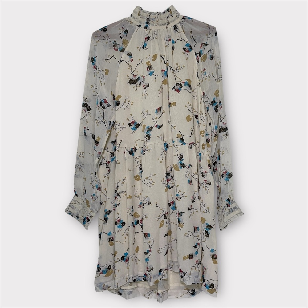 Ganni Marietta Georgette Dress Size 42 Cream Floral Biscotti Leaves Viscose